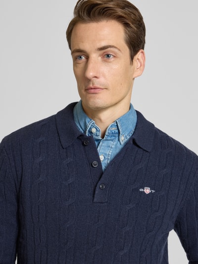 Gant Slim Fit Longsleeve aus reiner Wolle Modell 'Cable' Dunkelblau 3