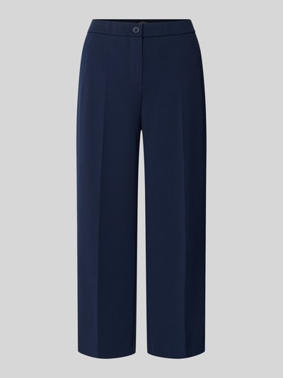 Produktfoto, Hose mit verkürzter Passform Modell 'Hillda-650' von STEHMANN in Dunkelblau, Material-Mix mit Stretch-Anteil, Bügelfalten. Kontext: Damen Hose, verkürzte Passform, Bundweite 37 cm, Innenbeinlänge 65 cm bei Größe 36.
