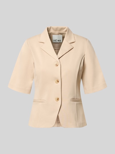 Produktfoto, Blazer mit Viskose-Anteil Modell 'Kate' von ICHI in Beige, Elastischer-Material-Mix, Tailliert, Reverskragen, Halbarm, durchgängige Knopfleiste, Paspeltaschen, feine glatte Textur