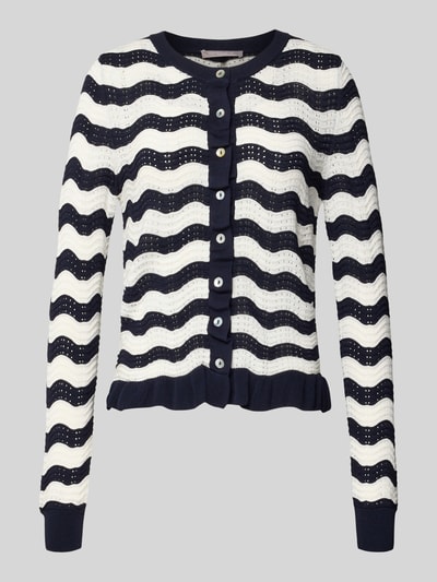 Produktfoto, Strickjacke mit Rundhalsausschnitt und Knopfleiste von Christian Berg Woman Selection, materiaalmix met viscose, regular fit, zwarte en witte golvende strepen, structuur met opengewerkte textuur