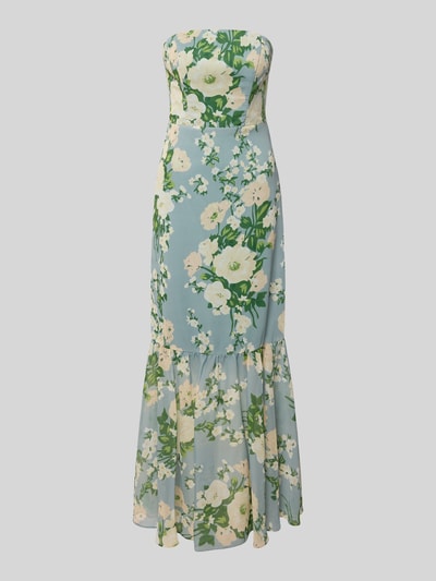 Produktfoto, Regular Fit Maxikleid mit floralem Allover-Print von Mascara in Blau und Grün, Tailliert, blickdichter Unterrock, Schulterfrei, Nahtreißverschluss, context: Damen Maxikleid, Rückenlänge 15 cm, Brustweite 35 cm, florales Allover-Muster