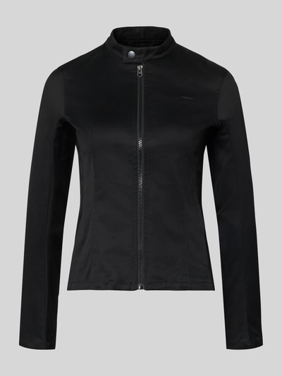 Produktfoto, czarna Slim Fit Bikerjacke mit Label-Detail Modell 'Lynn' von G-Star Raw, bawełna z elastanem, krój slim fit, stójka, zamek, długość tyłu w rozmiarze S 53 cm, szerokość ramion w rozmiarze S 38 cm, szerokość klatki piersiowej w rozmiarze S 41 cm, długość rękawa w rozmiarze S 61 cm