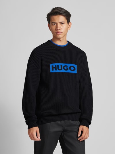 Hugo Blue Gebreide pullover met labelstitching, model 'Seylo' Zwart - 4