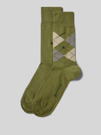 Produktfoto, Socken mit Logo-Applikation im 2er-Pack von Burlington aus elastischem Baumwoll-Mix, grün mit Rauten, elastischer Bund.