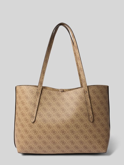 Produktfoto, Tote Bag mit Allover-Logo-Print Modell 'Brenton' von GUESS, beige mit braunem Muster, strukturierte Oberfläche, offene Form, schmale Trageriemen, herausnehmbare Innentaschen, 40x28x13 cm, 60 cm Riemenlänge