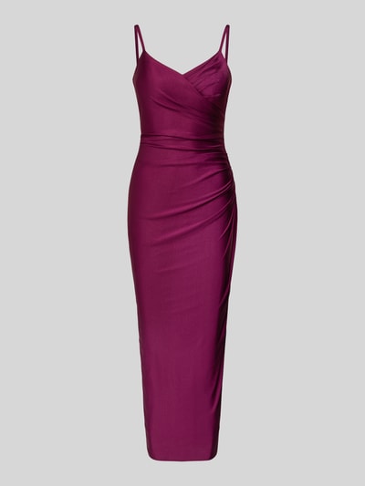 Produktfoto, Cocktailkleid mit Spaghettiträgern und V-Ausschnitt von TROYDEN COLLECTION aus Satin in kräftigem Lila, körpernaher Schnitt, Midikleid, dezente Faltenstruktur, Rückseitiger V-Ausschnitt und Rückenreißverschluss, Rückenlänge bei Größe 36: 125 cm, Brustweite: 37 cm