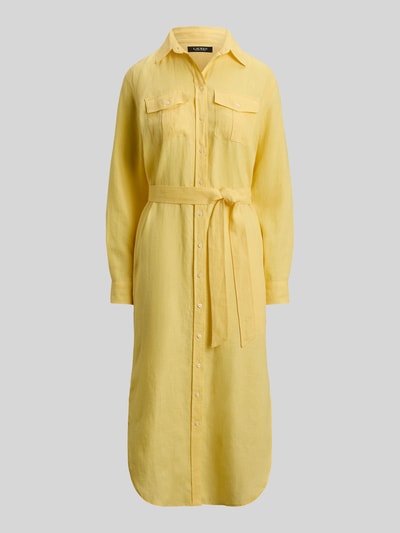 Produktfoto, Schmales Midi Hemdblusenkleid aus reinem Leinen von Lauren Ralph Lauren in Optik: Unifarben, Passform: Schmal, Materialverarbeitung: Flammgarn, mit V-Ausschnitt, abnehmbarem Gürtel, Knopfleiste, Langarm mit Manschette, geradem Saum, aufgesetzter Seitentasche.