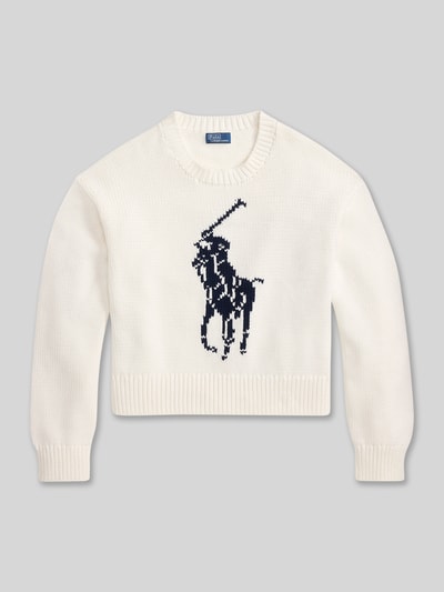 Produktfoto, Regular Fit Strickpullover aus reiner Baumwolle von Polo Ralph Lauren, weiß mit blauem Intarsia-Pony, gestrickte Two Tone Optik