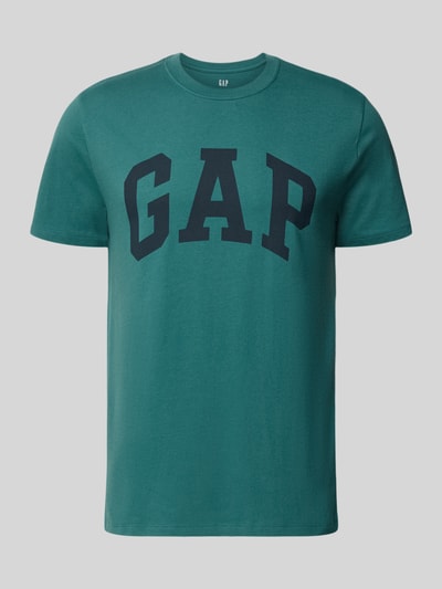 Produktfoto, T-Shirt mit Logo und Rundhalsausschnitt von GAP in Grün mit großem Logo, Reine Baumwolle, Regular-Fit, Rückenlänge 72 cm.