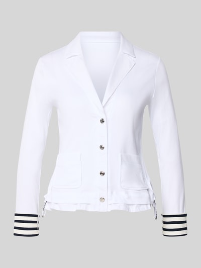 Produktfoto, Regular Fit Jacke mit aufgesetzten Taschen von Marc Cain in Weiß mit Reverskragen, durchgängiger Knopfleiste und gestreiften Ärmelsäumen, Rückenlänge bei Größe 38: 56 cm, Damen Jacke
