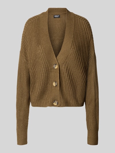 Produktfoto, bruin gebreid jack met v-hals, drie knopen en grove structuur, Boxy Fit Strickjacke mit V-Ausschnitt model 'CAROL' van ONLY, Dames