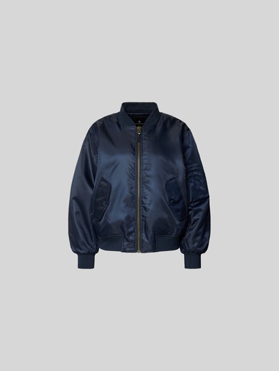 Produktfoto, dunkelblaue Bomberjacke mit Reißverschluss von Anine Bing, lockerer Schnitt, Stehkragen, gerippte Abschlüsse, glänzende Oberfläche