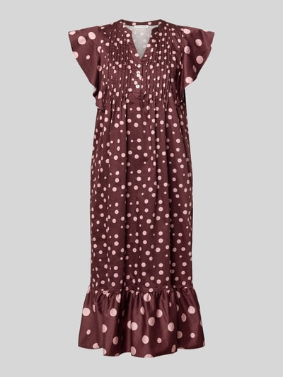 Produktfoto, Relaxed Fit Midikleid mit gelegten Falten von Christian Berg Woman, Reine Baumwolle, Tunika-Ausschnitt, Kappärmel, Knopfleiste, braun mit rosa Punkten, feine Faltenstruktur, Länge 117 cm, Brustweite 32 cm, Ärmellänge 15 cm