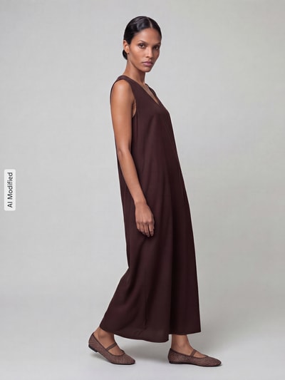 Frauenmodel trägt Midikleid aus Viskose-Leinen-Mix Modell 'Lavisco' von FREE/QUENT, ärmellos, braun, A-Linie, Ganzkörperansicht von vorne.