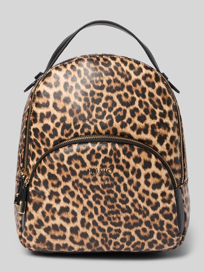 Produktfoto, Rucksack mit Allover-Animal-Print von Liu Jo White, braune und schwarze Musterung, Logo-Applikation, Reißverschluss, glatte Textur