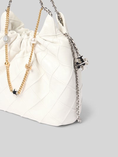 Produktfoto, Hobo Bag mit Tragehenkel von Tory Burch in Weiß mit Rautenstruktur, offenen Hauptfach und goldenem sowie silbernem Kettenhenkel, Damen Hobo Bag, Größe 1: 17x22x7 cm