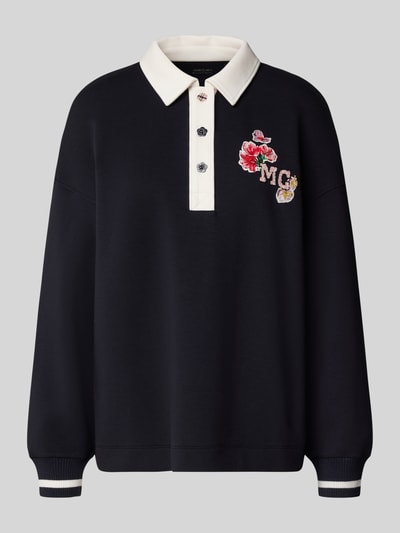 Produktfoto, Sweatshirt met polokraag en motiefprint van Marc Cain, katoenmix met stretch, relaxed fit, labeldetail, zwarte stof