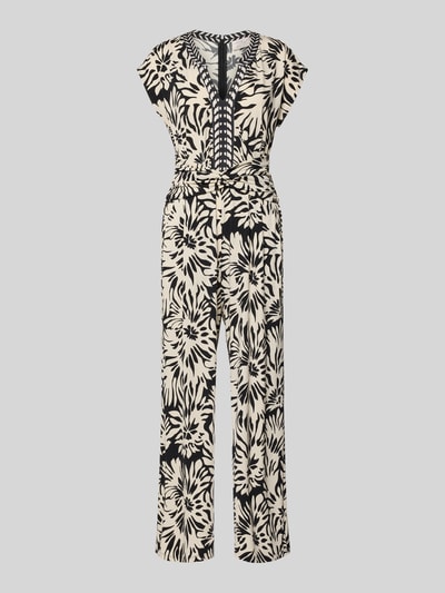 Produktfoto, Jumpsuit mit V-Ausschnitt und Eingrifftaschen van ROBE LÉGÈRE in zwart-crèmekleurige all-over look, materiaalmix met stretch, getailleerd model, steekzakken, ruglengte bij maat 36: 40 cm, borstwijdte: 46 cm, totale lengte: 143 cm, binnenbeenlengte: 67 cm
