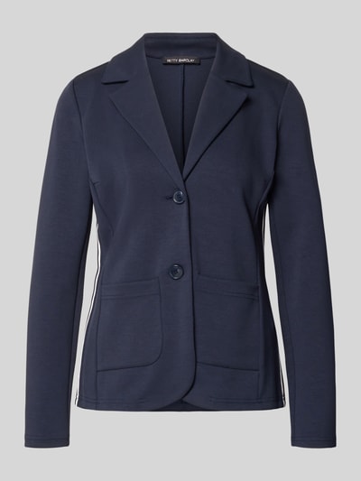Productfoto, Slim Fit Blazer aus Viskose-Mix mit Reverskragen van Betty Barclay, donkerblauw, twee knopen, opgestikte zakken, stretch, achterkantlengte maat 36: 62 cm, borstwijdte 64 cm, mouwlengte 64 cm