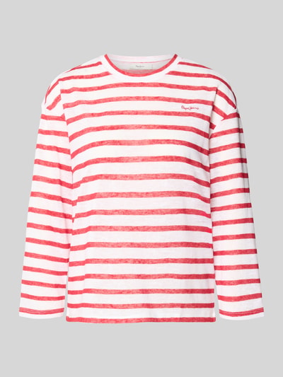 Produktfoto, Regular Fit T-Shirt aus Baumwoll-Mix von Pepe Jeans, Damen T-Shirt in Two-Tone-Optik, gestreift, Label-Stitching-Applikation, Rundhals, Langarm, Feinstrick, weiße und rote Streifen, strukturierte Oberfläche