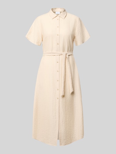 Produktfoto, Midikleid aus Viskose-Mix mit Umlegekragen von COMMA, cremefarben, taillierte Passform, Leinen-Anteil, abnehmbares Taillienband, strukturierte Oberfläche, durchgehende Knopfleiste, Kurzarm, schlichte Form, Angabe: Rückenlänge 119 cm, Brustweite 49 cm, Ärmellänge 19 cm.