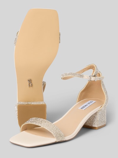 Produktfoto, Sandalette mit Strasssteinbesatz Modell 'Gena' von Steve Madden, eckige Form, Blockabsatz, glatte Sohle, beige, silber glänzend