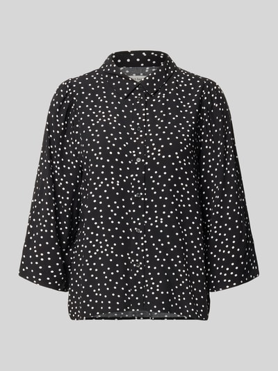 Produktfoto, Regular Fit Bluse aus Viskose mit 3/4-Arm Modell 'Bono' von LOLLYS LAUNDRY im schwarzen Allover-Look mit weißen Punkten, Hemdblusenkragen, Knopfleiste, glatte Textur, Rückenlänge 60 cm, Ärmellänge 45 cm.