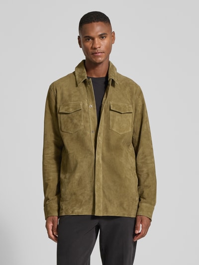 Profuomo Slim fit overhemdjack van echt geitenleer, model 'Overshirt' Groen - 4