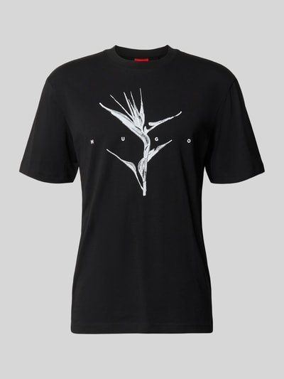 Produktfoto, schwarzes Relaxed Fit T-Shirt aus reiner Baumwolle Modell 'DARISE' von HUGO mit weißem Print, Herren T-Shirt