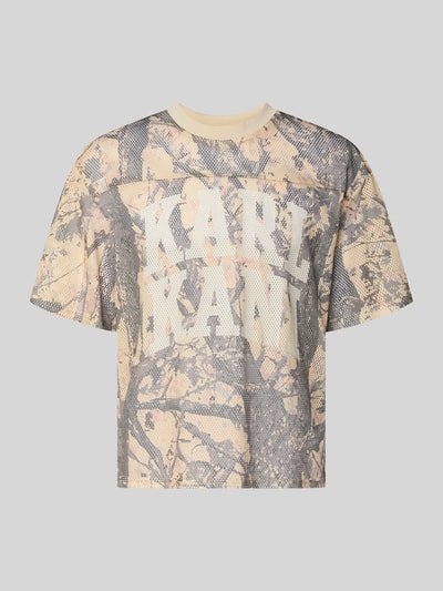 Produktfoto, T-Shirt aus Mesh mit Logo von KARL KANI in Beige und Grau mit Rundhalsausschnitt, Regular Fit, großem Logoprint, strukturierte Oberfläche