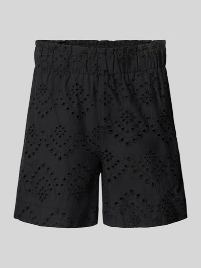 Produktfoto, Loose Fit Bermudas mit Lochstickerei Modell 'VILDE' von Pieces, Optik: Unifarben, Passform: Loose-Fit, Bundabschluss: Elastisch, Seitliche Eingrifftaschen, Materialverarbeitung: Lochstickerei, Material: Reine Baumwolle, schwarze Farbe, strukturierte Oberfläche.