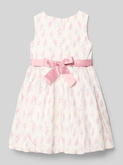 Productfoto, Regular Fit Kleid mit floralem Allover-Print van Happy Girls in katoenmix met A-lijn, mouwloos, sierstrikje, ronde hals, ritssluiting, ruglengte maat 116: 65 cm, lichtroze bloemenpatroon op witte achtergrond, zachte textuur