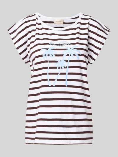 Productfoto, T-shirt met motiefprint model 'Fenjal' van FREE/QUENT, wit-bruin gestreept, blauwe palmbomen, bio-katoen-elastaanmix, regular fit, ronde hals, ruglengte maat S: 63 cm