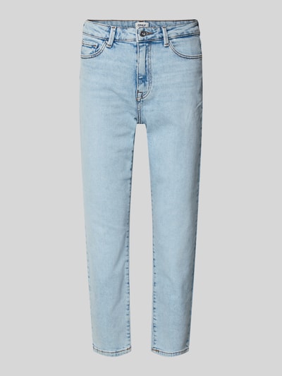 Productfoto, Straight Fit Jeans aus Baumwoll-Mix Modell 'EMILY' van Only, lichtblauw, high waist, ankle lengte, 5-pocket, denim. Context: dames straight fit jeans van Only, model 'Emily', uni kleur, straight leg, high waist, enkel lengte, label patch, label stitching, riemlussen, knoop- en ritssluiting, 5-pocket, katoenmix.