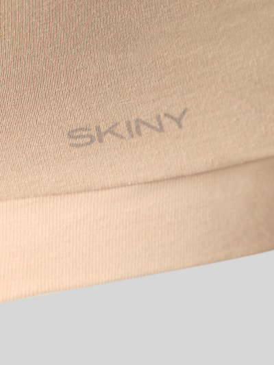 Produktfoto, BH mit Logo-Print von SKINY in Beige, feine Struktur, sichtbarer Markenprint, Damen BH, Detailaufnahme