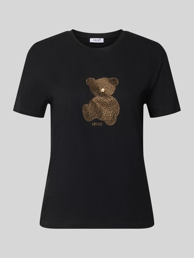 Produktfoto, schwarzes Slim Fit T-Shirt mit Ziersteinbesatz und Bärenmotiv von Liu Jo, reine Baumwolle, Liu Jo White, Rundhalsausschnitt