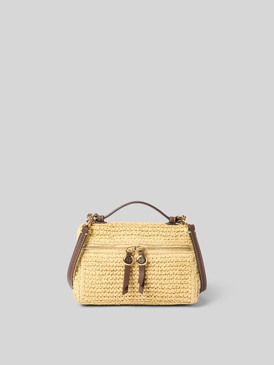 Produktfoto, Crossbody Bag aus Bast von Tory Burch mit Rundum-Reißverschluss, verstellbarem Schulterriemen und Steckfach innen, Naturfarben und Braun, strukturierte Oberfläche, Breite 19 cm, Länge 12 cm, Tiefe 6 cm.