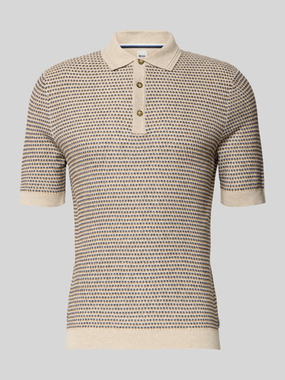 Produktfoto, Slim Fit Poloshirt in Strick-Optik mit Leinen-Anteil von BRAX, beige mit braunen Akzenten, Baumwoll-Mix, elastische Abschlüsse, Rückenlänge 67 cm bei Größe M.