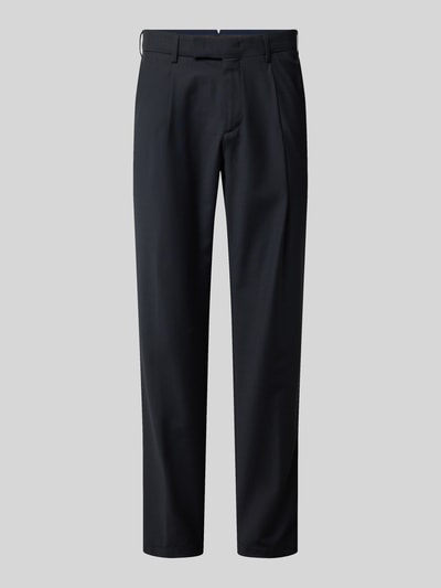 Produktfoto, Slim Fit Stoffhose mit Woll-Anteil von g1920 in Dunkelblau, Elastischer-Material-Mix, Bundfalten, Eingrifftaschen, Gesäßtaschen, Haken-Reißverschluss, Bundweite 46 cm, Innenbeinlänge 80 cm, für Herren.