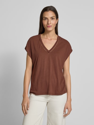 Scotch & Soda Leinen-T-Shirt mit V-Ausschnitt Mittelbraun 4
