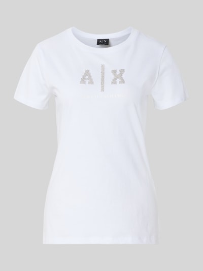Produktfoto, weißes T-Shirt mit Logo und Rundhalsausschnitt von ARMANI EXCHANGE, reine Baumwolle, Regular Fit, glatte Struktur
