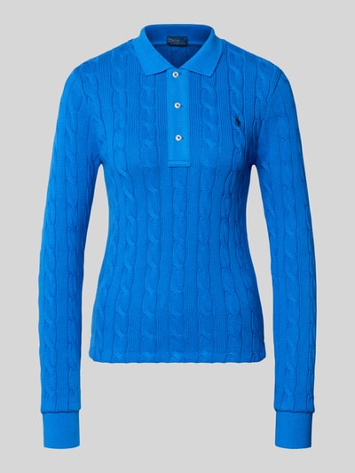 Produktfoto, Strickpullover mit Zopfmuster und Polokragen von Polo Ralph Lauren in Blau, reine Baumwolle, Slim Fit, Label-Stitching