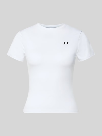 Produktfoto, T-Shirt mit Rundhalsausschnitt und Logo von Under Armour, damski t-shirt, mieszanka materiałów z dodatkiem streczu, krój slim fit, okrągły dekolt, logo, długość tyłu w rozmiarze S: 49 cm, kolor biały, gładka struktura