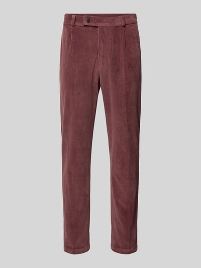 Produktfoto, Slim Fit Hose aus Baumwoll-Mix in Cord-Optik Modell 'Cliffer' von Zuitable, rötlich-brauner Farbton, feine Struktur, elastisch, Eingriff- und Gesäßtaschen, Knopf- und Reißverschluss, Bundweite 37 cm, Innenbeinlänge 76 cm