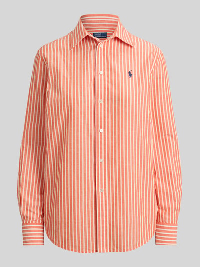 Produktfoto, Regular Fit Hemdbluse aus Baumwoll-Leinen-Mix von Polo Ralph Lauren mit orange-weißen Streifen, einreihiger Knopfleiste, Logo-Stitching auf Brusttasche, Hemdkragen, lange Ärmel mit Manschetten, abgerundeter Rumpfabschluss, Allover-Muster, strukturierte Oberfläche