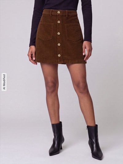Frauenmodel trägt Eng anliegender Mini-Rock aus Baumwoll-Mix Modell 'AMAZING' von ONLY in Braun mit großen Knöpfen, Ganzkörperansicht von vorne, Damen Mini-Rock von ONLY, KI-modifiziertes Bild.