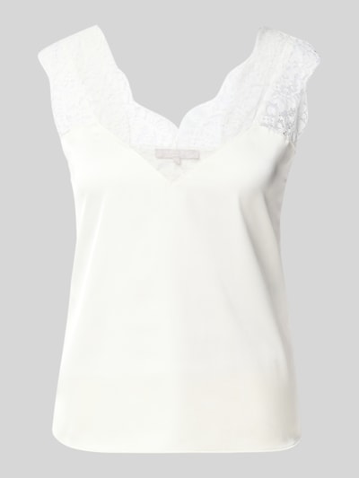 Productfoto, Blusentop mit Spitzenbesatz van Christian Berg Woman Selection in crème, V-hals, regular fit, mix van materialen met stretch, lengte achterkant 56 cm