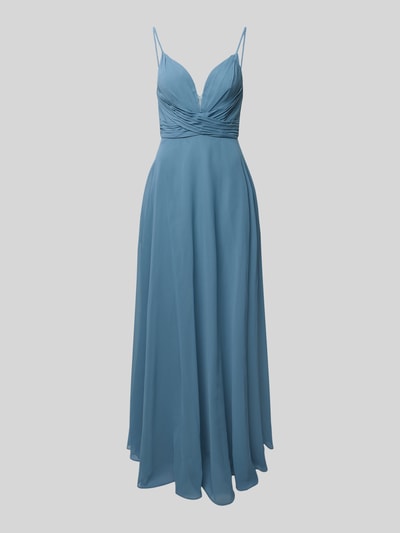 Produktfoto, Regular Fit Abendkleid mit gelegten Falten von Laona, niebieski kolor, głęboki dekolt V, cienkie ramiączka, kryty zamek, krój regular fit, długość tyłu w rozmiarze 36: 24 cm, szerokość w rozmiarze 36: 35 cm, delikatna lejąca tkanina