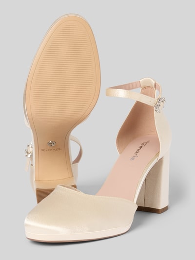 Produktfoto, Pumps mit hohem Blockabsatz von Tamaris in schimmerndem unifarbenem Satin, abgerundete Schuhspitze, strukturierte Sohle, Dornschließe mit Strasssteinbesatz
