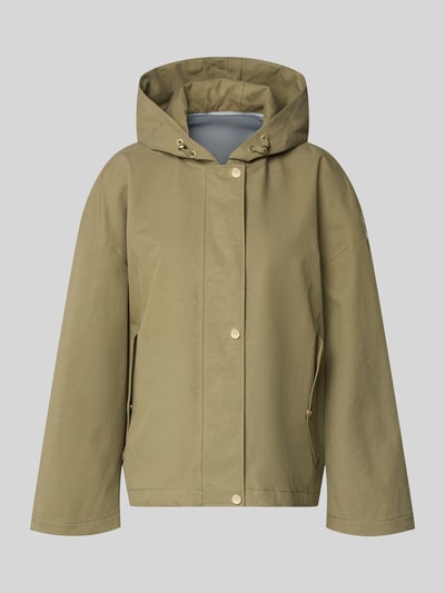Produktfoto, Jacke mit Kapuze und versiegelten Nähten Modell 'ELLE' von G-LAB aus Lyocell-Mix mit Leinen-Anteil in Oliv, Gerader-Schnitt, wasserdicht, winddicht, atmungsaktiv, Reißverschluss und Druckknopfverschluss, seitliche Pattentaschen.